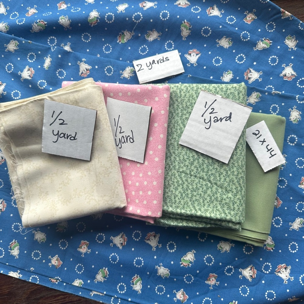 Cotton Quilting Fabric Bundle 4 Yards Total Blue Chicken Pink Dot Green Cream